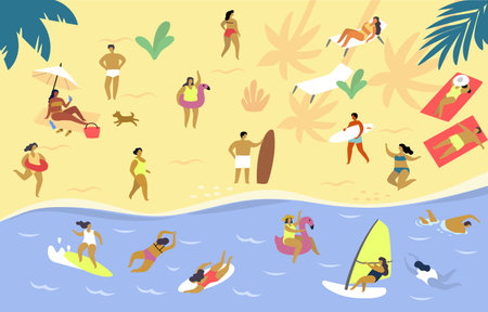 People on beach. Collection persons performing summer outdoor. Cartoon charactersのイラスト素材