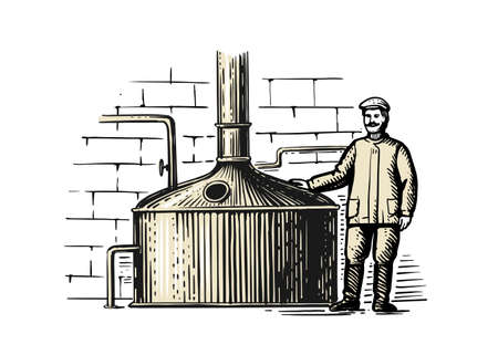 Beer production in retro style. Old brewery.のイラスト素材