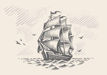 Sailing ship sketch. Old Fashioned Vintageのイラスト素材