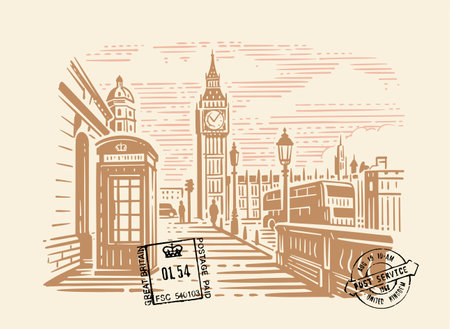 London city with Big Ben. Hand drawn line sketch European old town.のイラスト素材
