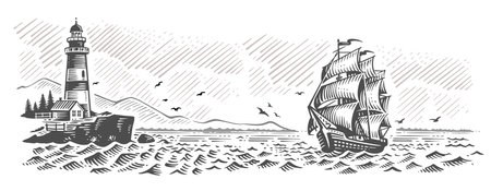 Landscape, sea, sailboat, lighthouse. Hand drawn vector illustrationのイラスト素材