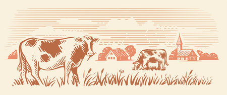 Village and landscape vector farm with cowsのイラスト素材