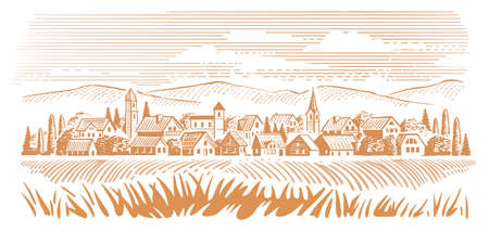 Field with ground. Farming landscape with villageのイラスト素材