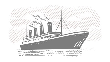 Ocean Liner in sea. Vintage steam transatlantic ocean cruise ship.のイラスト素材