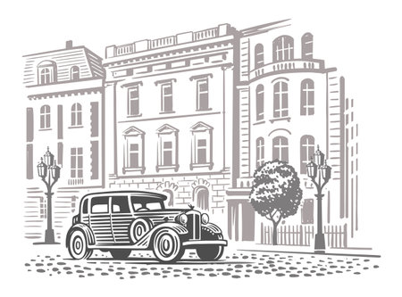 Classic vintage retro car in city. Old autoのイラスト素材
