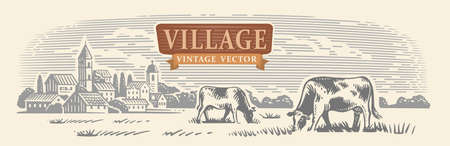 Village and landscape with cows. Dairy farmのイラスト素材