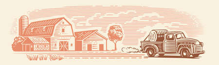 Farming landscape with pickup truck. Farm with barn drawingのイラスト素材