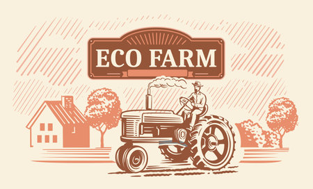 Old tractor with rural scene vector. Farmer driverのイラスト素材