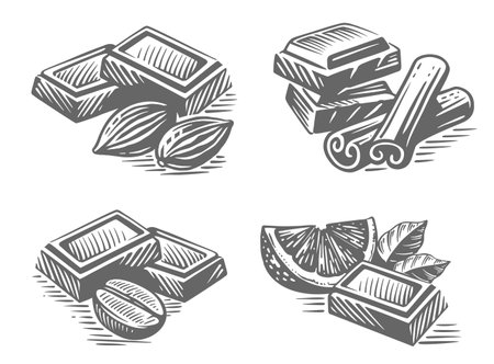 Chocolate bar with nuts cinnamon and orange. Vector vintageのイラスト素材