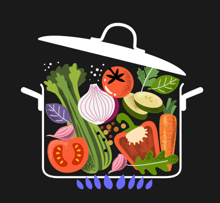 Food cooking ingredients in saucepan. Large pot of soupのイラスト素材