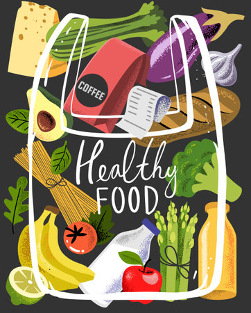 Organic products in package bag. Vegetables, bread, fruitのイラスト素材