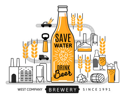 Beer bottle linear icons brewing. Hop wheat line.のイラスト素材