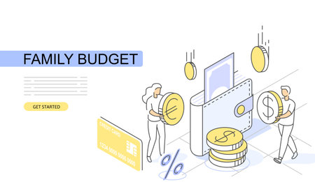 Wallet with money Isometric Concept. Use for web page, banner, infographics. Flat illustration editable line. People with Dollar Coinのイラスト素材