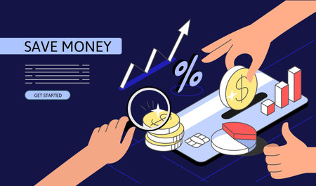 Save money Isometric Concept. Use for web page, banner, infographics. Flat illustration editable line. Hand puts coin in card.のイラスト素材