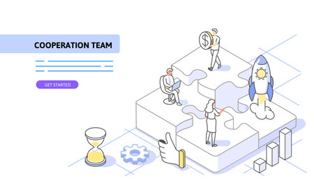 Teamwork concept with puzzle. Use for web page, banner, infographics. Flat illustration editable line.のイラスト素材