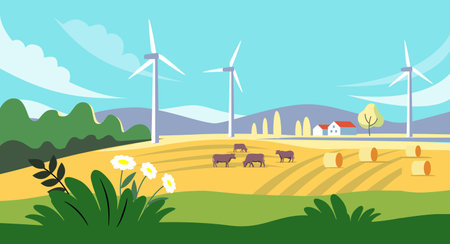 Cows in farm cartoon. Rural countryside landscape with meadow and windmillsのイラスト素材
