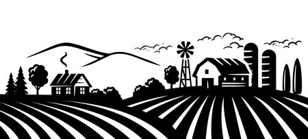 Farm and field black vector. Retro rural landscapesのイラスト素材