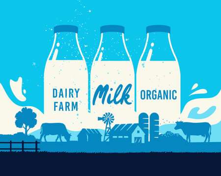 Rural landscape with cow and milk. Farmland dairy farmのイラスト素材