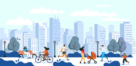 City Life with people. Person walk summer outdoorのイラスト素材