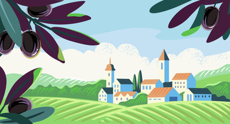 Landscape with olive tree. Village landscape.のイラスト素材