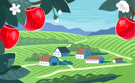 Apple tree and village. Farm field with houses. Summer landscapeのイラスト素材