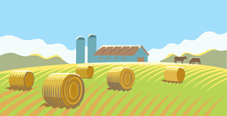 Barn with hay. Farming land summerのイラスト素材