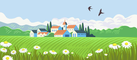 Farm Cartoon. Rural countryside landscape with meadowのイラスト素材
