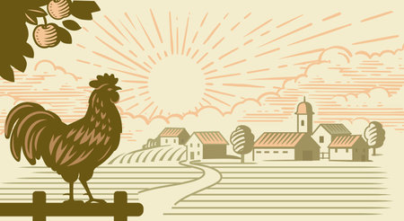 Landscape with rooster and village.のイラスト素材
