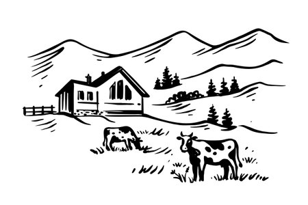 Cow with nature landscape vector ink hand drawn.のイラスト素材