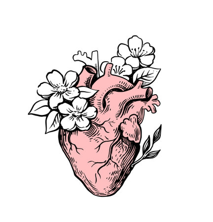 Drawing of Heart with Flowers Love Drawing.のイラスト素材