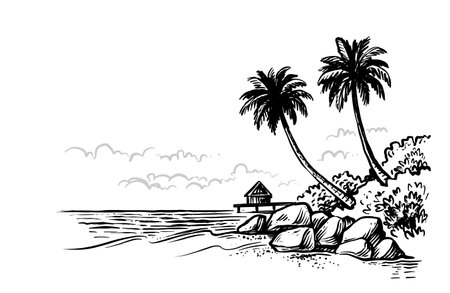 summer beach with palm trees illustrationのイラスト素材