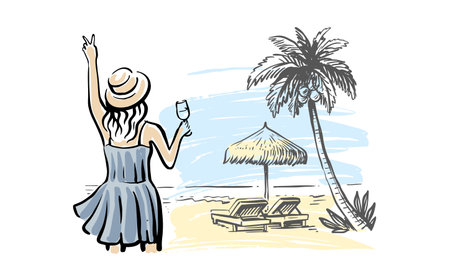 Woman with Beach chair and umbrella. Vintage drawing.のイラスト素材