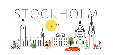 Stockholm City Line View. Poster print minimal design with peopleのイラスト素材