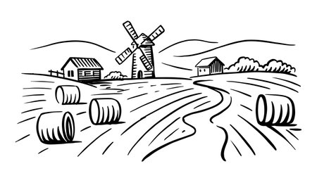 Countryside landscape with mill villageのイラスト素材