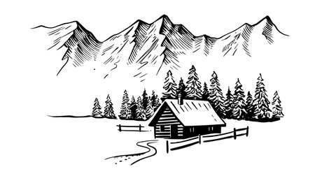 Winter landscape sketch. Wood cabin landscapeのイラスト素材