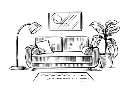 Sofa drawings sketch style. Room interiorのイラスト素材