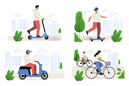 Man rides scooter, skateboard and kick scooter, Woman rides bicycle in city. Flat minimalのイラスト素材