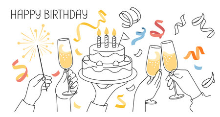 People celebrating birthday party. Hands with alcohol and cake.のイラスト素材