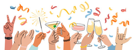 Friends party event drinking alcohol drink together. Flat illustrationのイラスト素材