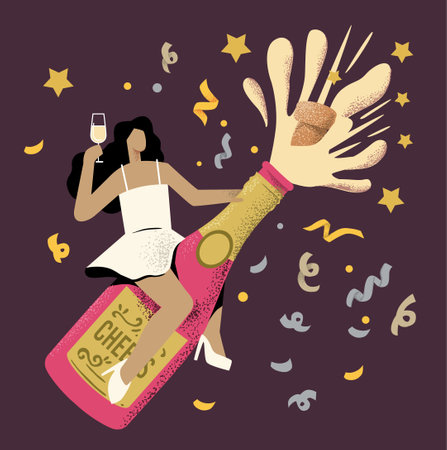 Woman sitting on bottle champagne. Alcohol for celebration party.のイラスト素材