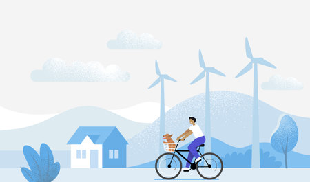Man rides bicycle through eco landscape on a sunny day. Vector flatのイラスト素材