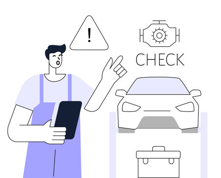 Mechanic at service station points to engine. Repair auto.のイラスト素材