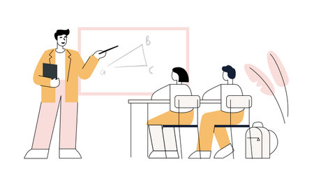 Man teacher standing and pointer at blackboard in classroom. School class interior. Education concept.のイラスト素材