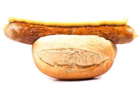 Sausage in a bun on a white backgroundの写真素材