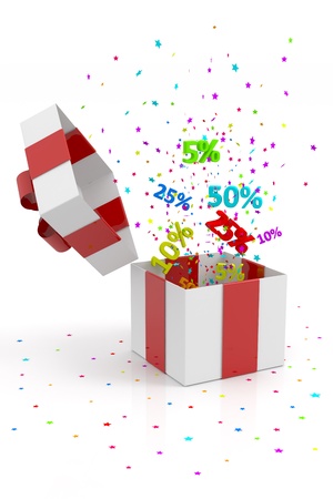 open gift box with discounts on white backgroundの写真素材