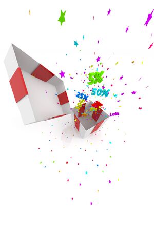 open gift box with discounts on white backgroundの写真素材