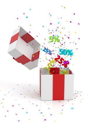 open gift box with discounts on white backgroundの写真素材