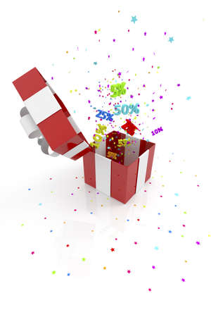 red gift box with discounts and starsの写真素材