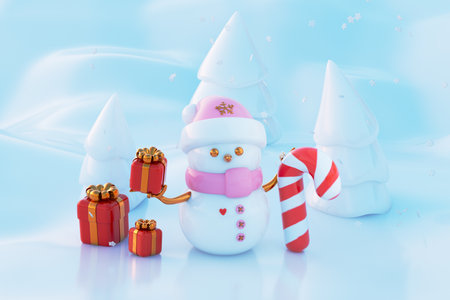 Christmas winter background with snowman and snowflakesの写真素材