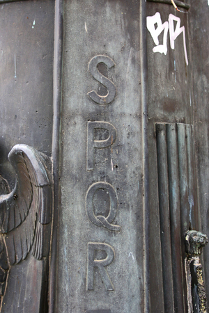 Latin SPQR on a public lamppost or street lamp in the streets of Rome, Italy, standing for the Latin SenatusQue Populus Romanusの写真素材